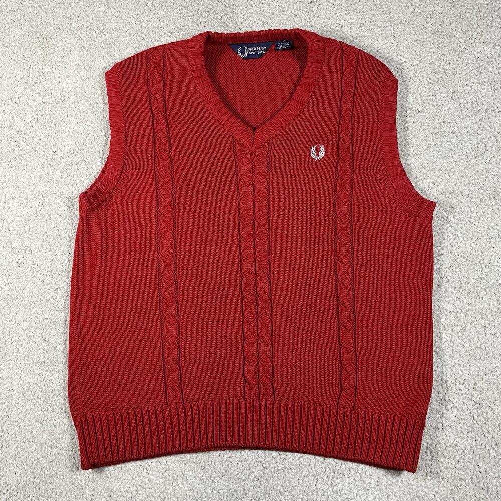 Fred Perry Vest Mens M Red Cable Knit Vintage V Neck Jumper Sleeveless